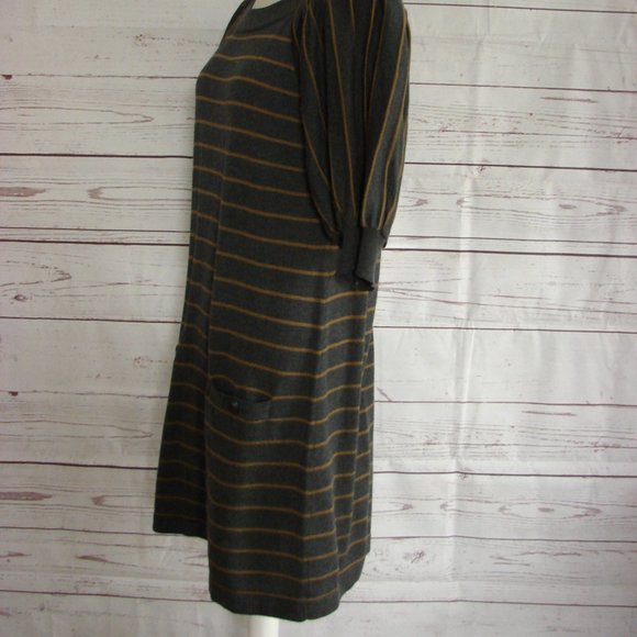 Gray Caramel Stripe Pleated Sleeve Sweater Dress L - Picture 4 of 16